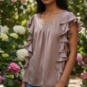 ✨Violet & Claire Ruffle Sleeve Flowy Blouse Top M Pink Satin Sheen Trendy Work #
